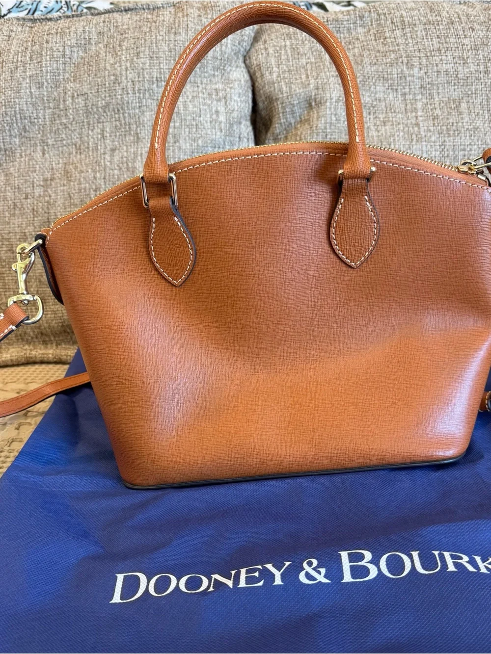 Dooney & Bourke Cognac Leather Dome Satchel with Crossbody Strap